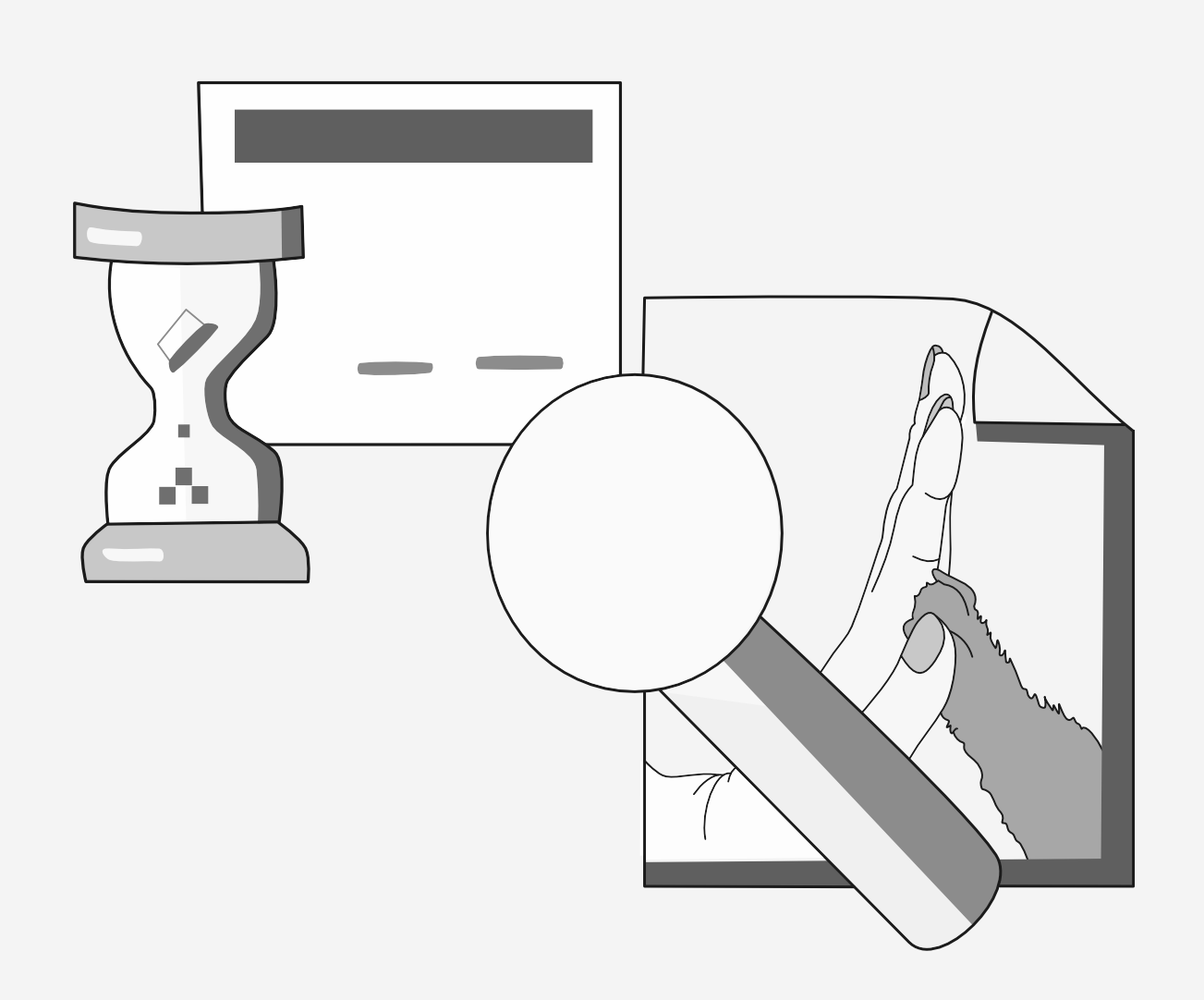 Drawing of an hourglass, a magnifying glass, and a document with a person high-fiving a cat, in windows 95 style.
