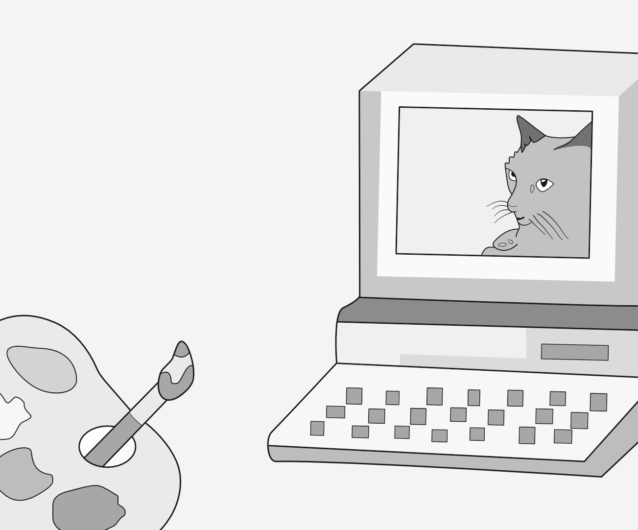 Drawing of a cat on a computer screen and an artist's palette, in windows 95 style.