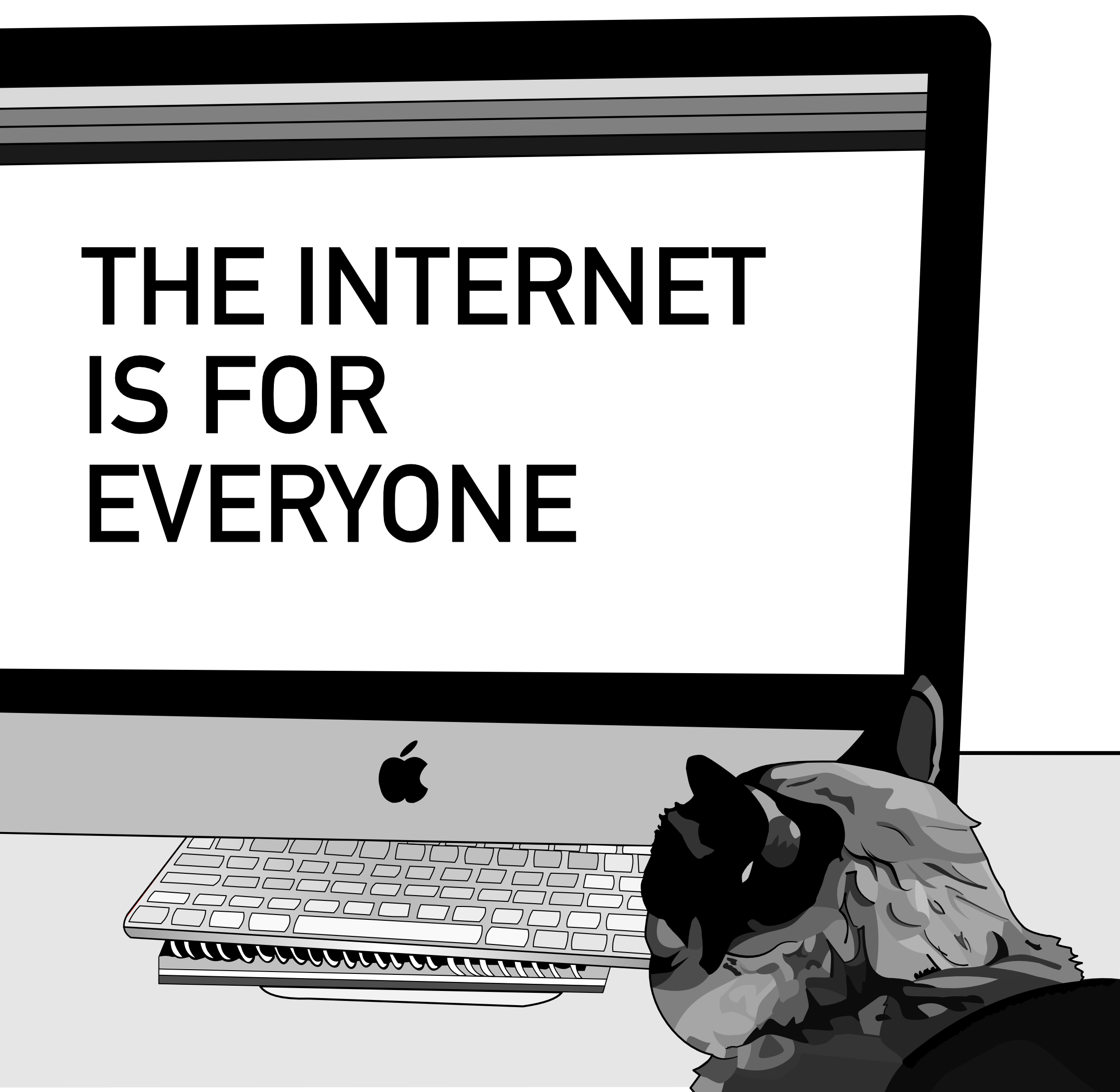 A cat seen from behind looking at an imac computer. The text on the computer screen reads the internet is for everyone.