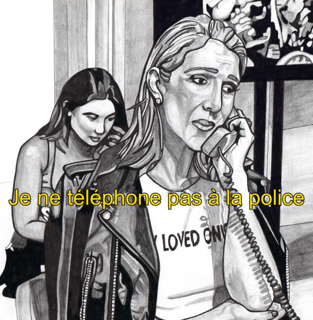 The popular meme of a concerned Celine Dion on the telephone. The text reads Je ne télêphone pas à la police.