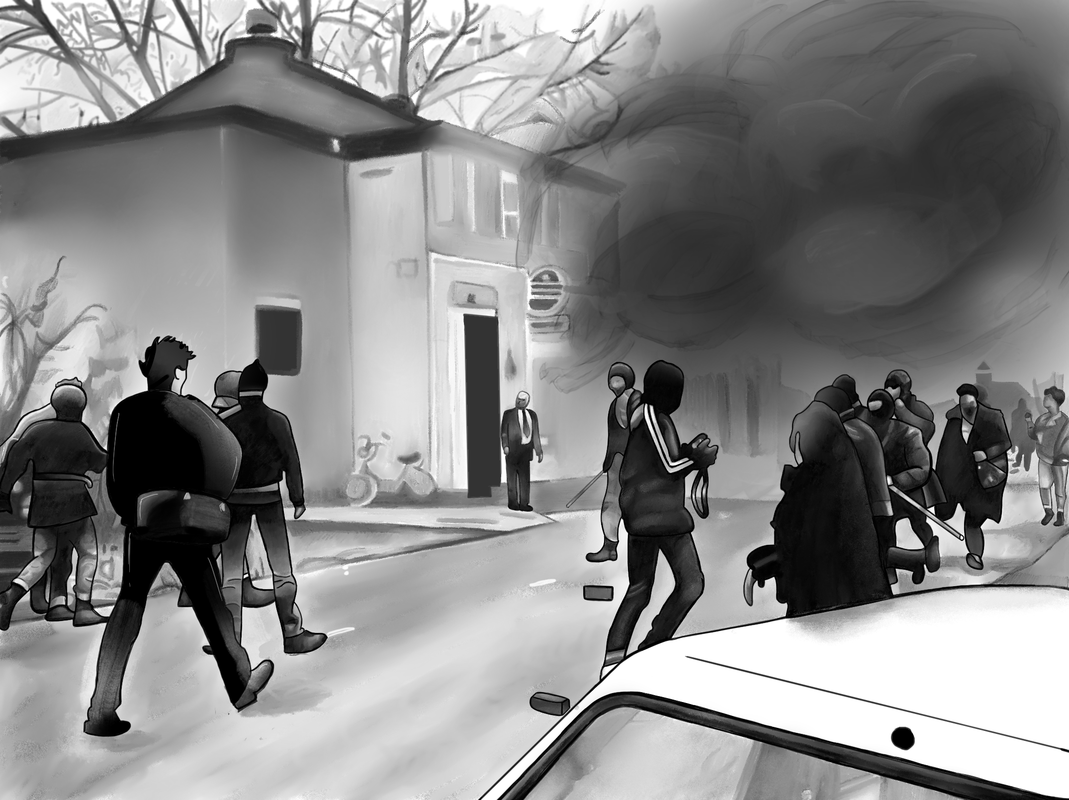 Smoke billows from a building. Anti-fascist protesters have thrown a smoke bomb to interrupt a fascist meeting.