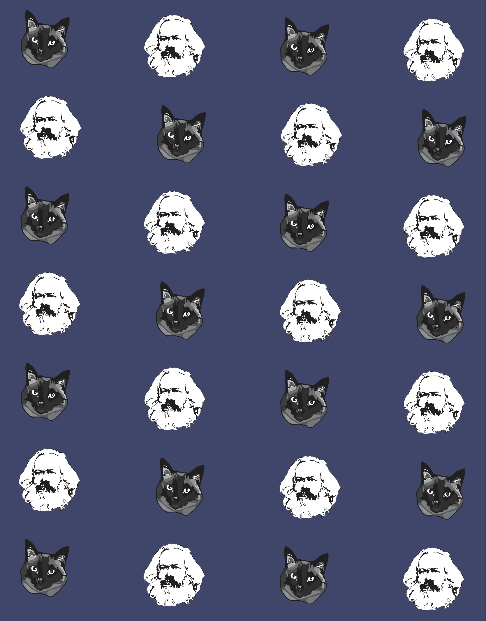 Pattern that alternates between a drawing of Karl Marx's head and the head of a cute siamese cat.