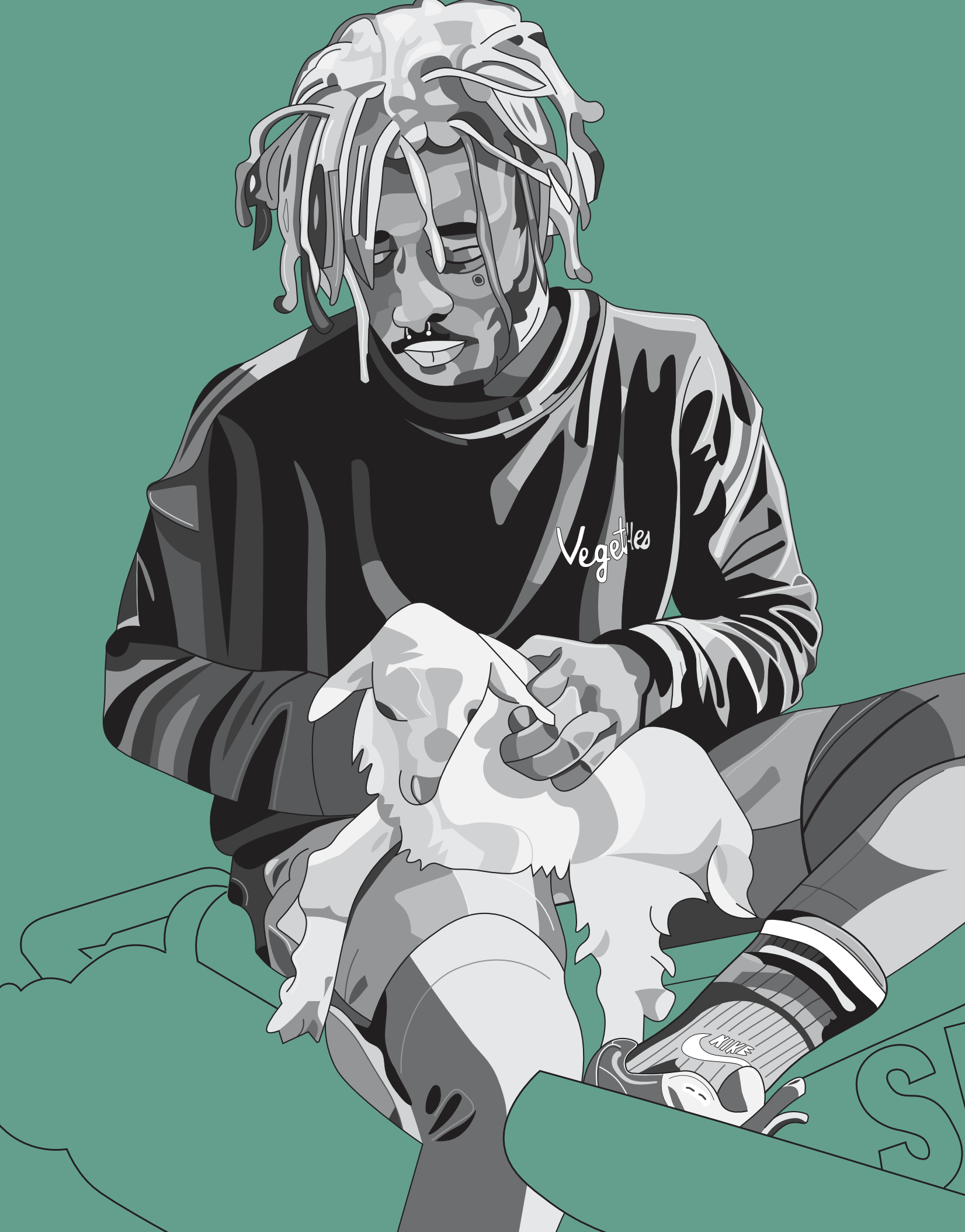Rapper Lil Uzi Vert sitting on a motorcycle with a baby goat in his lap.