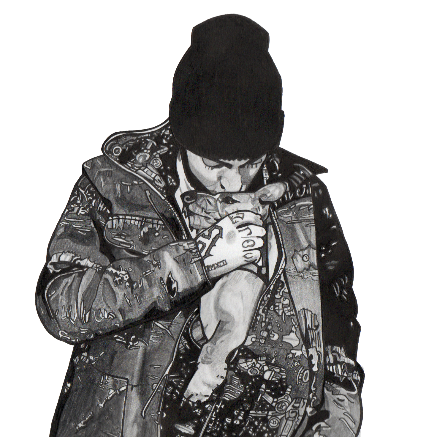 The rapper Mac Miller holding his dog Myron inside his coat. He is kissing his head lovingly.