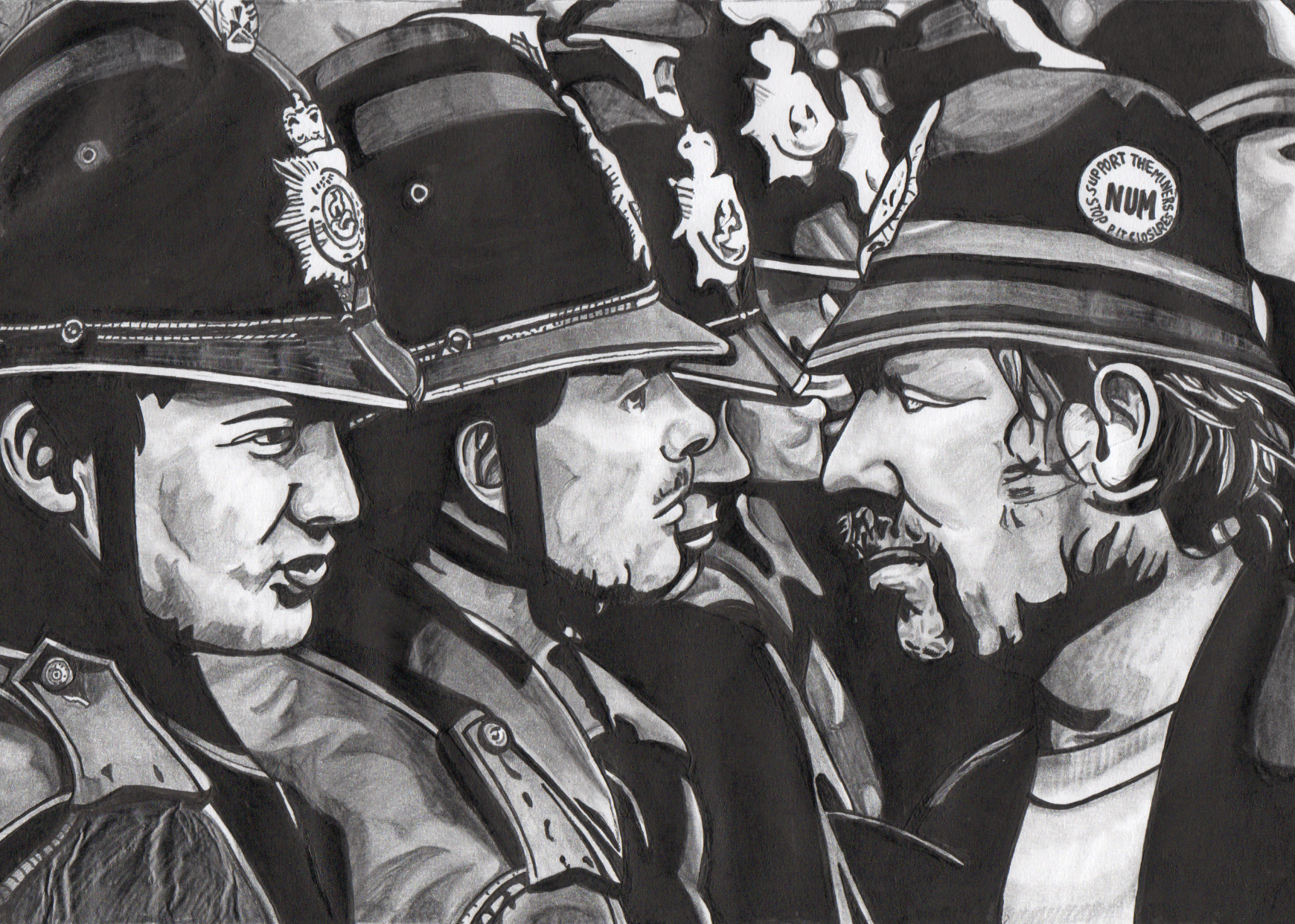 A man confronts police during a miners strike in England. He is wearing a child's police hat.