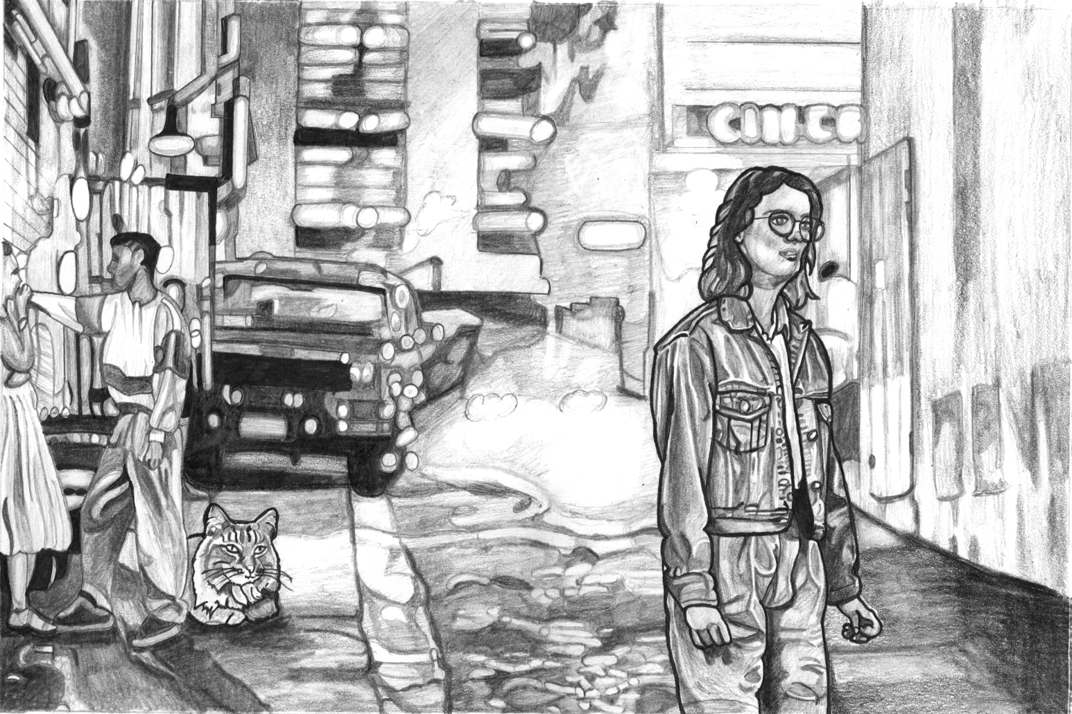 A scene from the tv show Black Mirror, set in the 80s. A woman stands on a street as a cat watches her in the background.