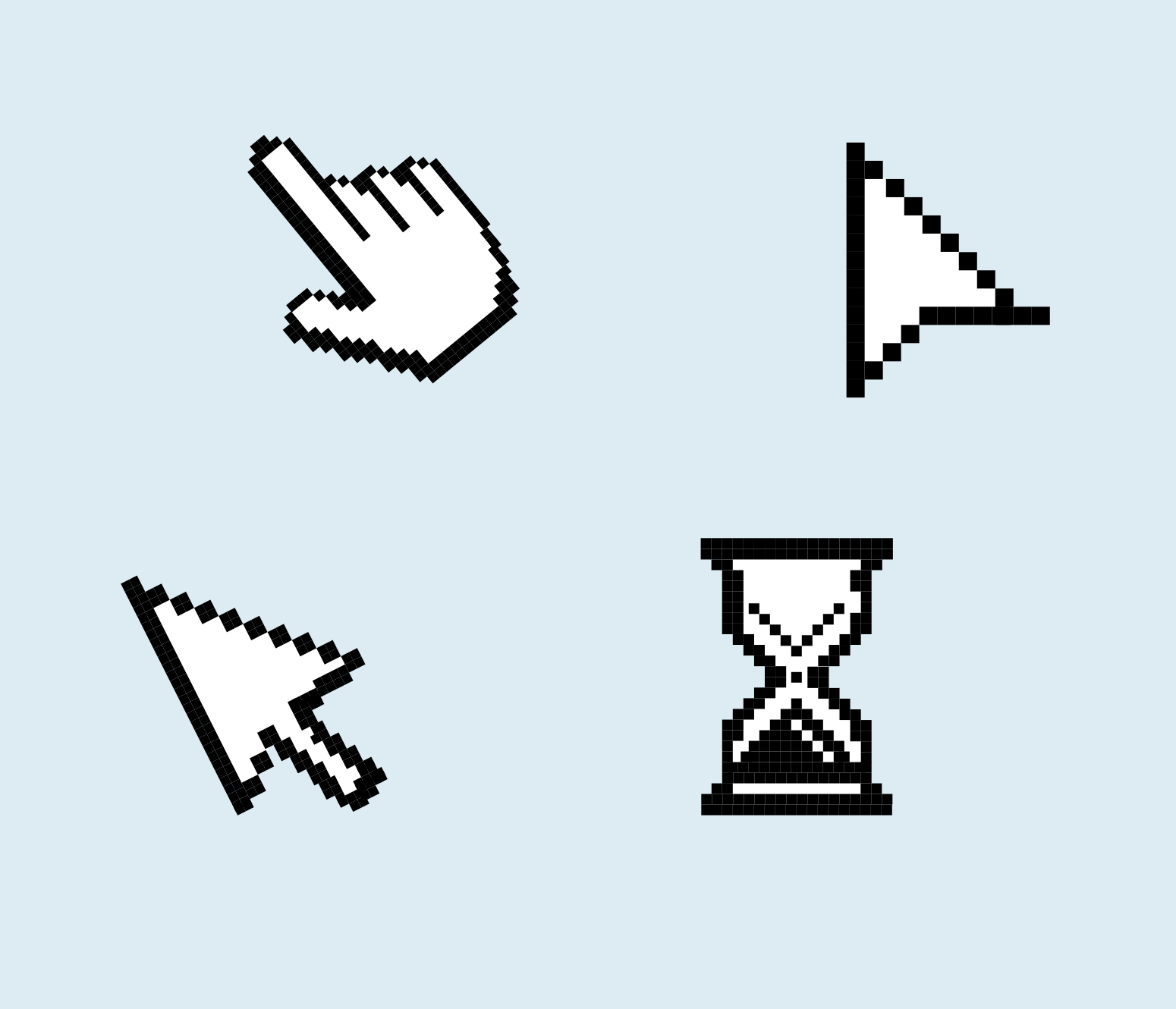 Pixelated drawing of different computer cursors.